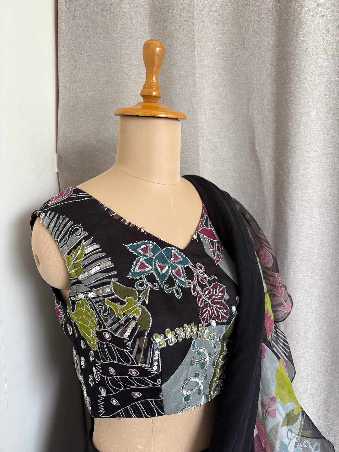 Aisha Rao Black Printed Ruffle Saree Set