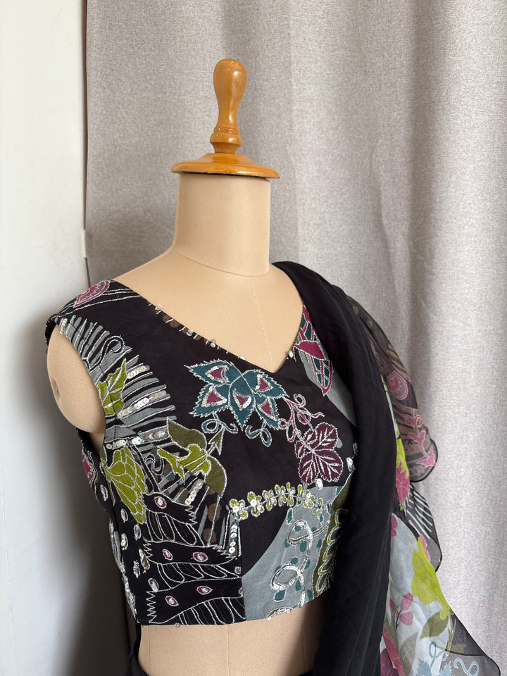 Aisha Rao Black Printed Ruffle Saree Set