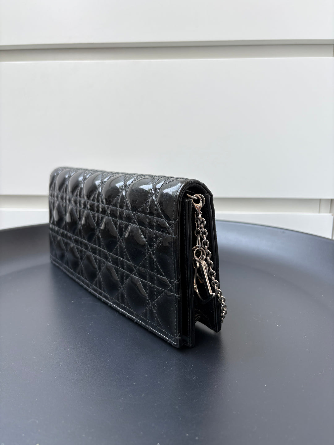 Dior Black Quilted Cannage Patent Leather Lady Dior Chain Clutch