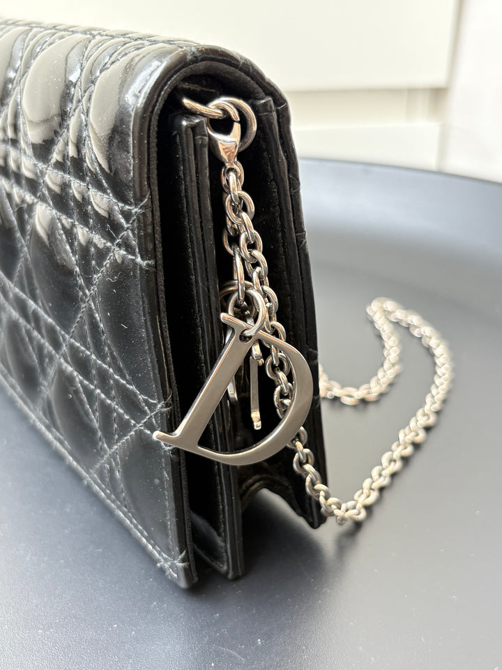 Dior Black Quilted Cannage Patent Leather Lady Dior Chain Clutch