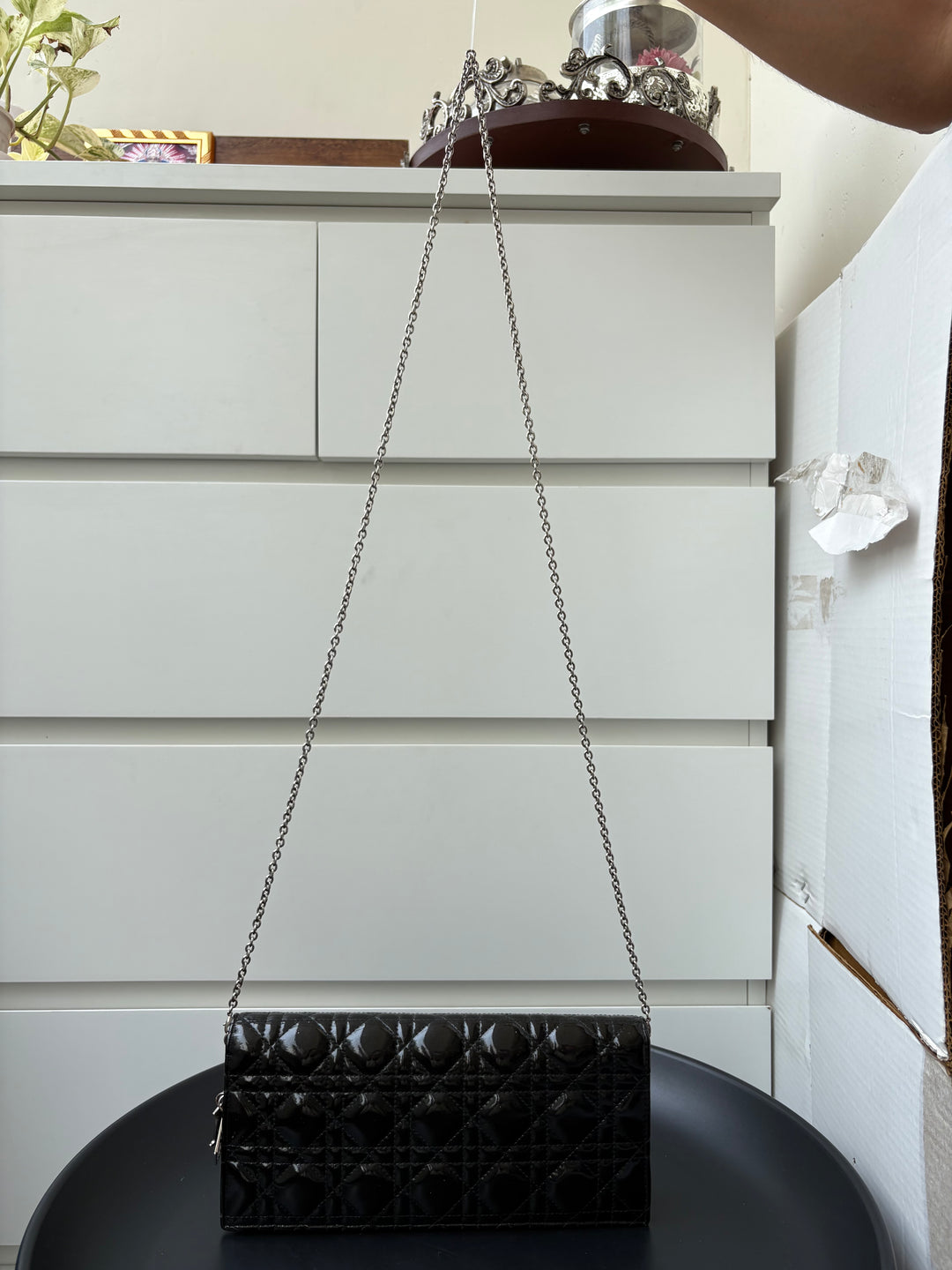 Dior Black Quilted Cannage Patent Leather Lady Dior Chain Clutch