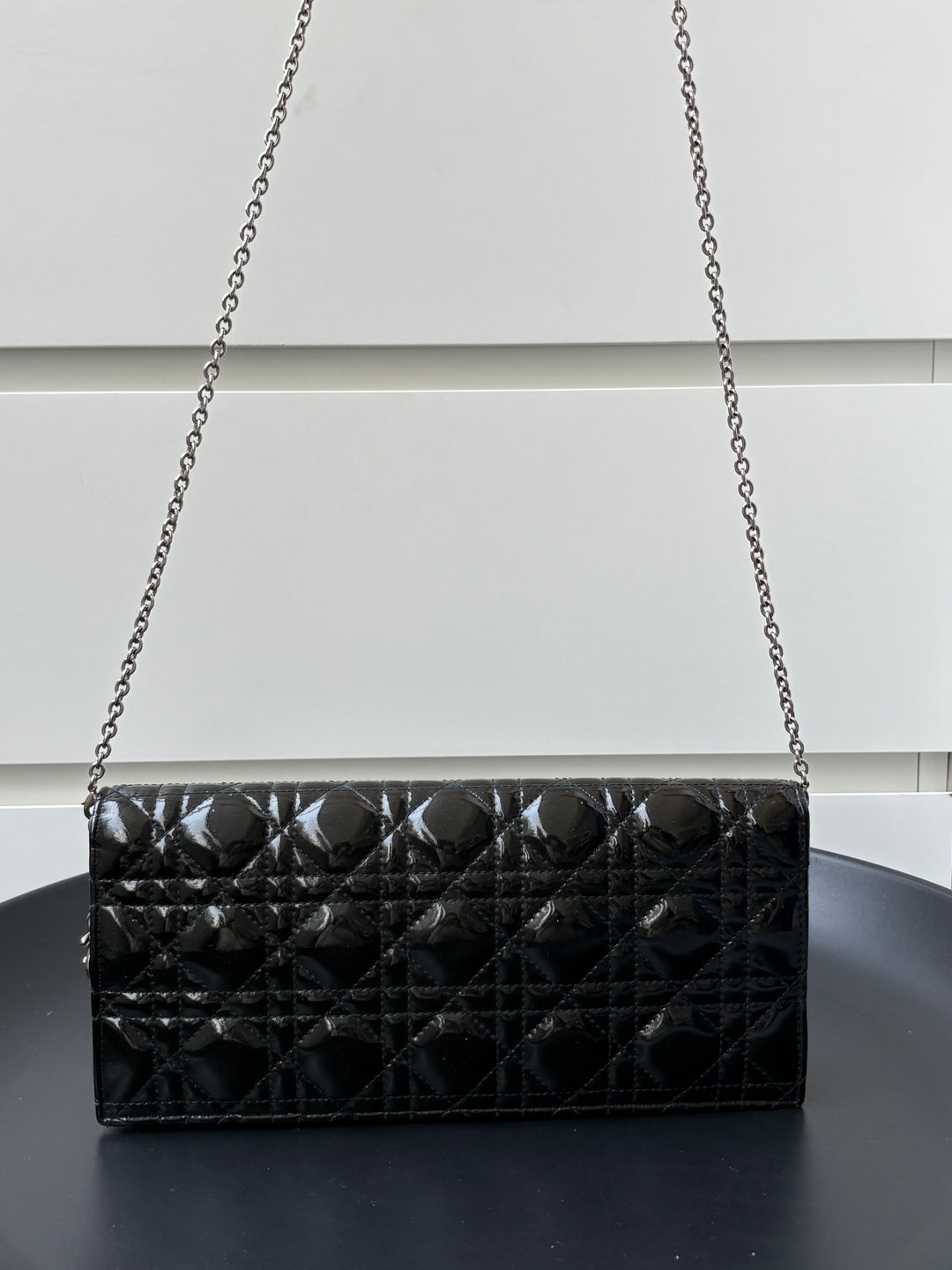 Dior Black Quilted Cannage Patent Leather Lady Dior Chain Clutch