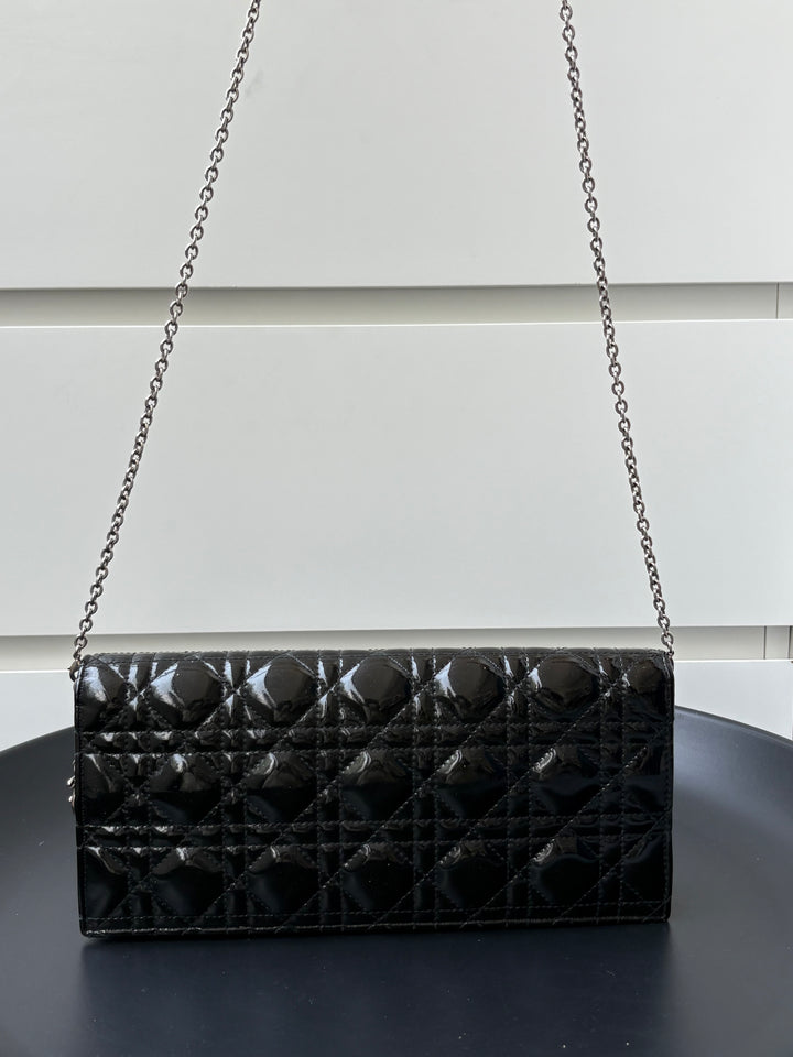 Dior Black Quilted Cannage Patent Leather Lady Dior Chain Clutch