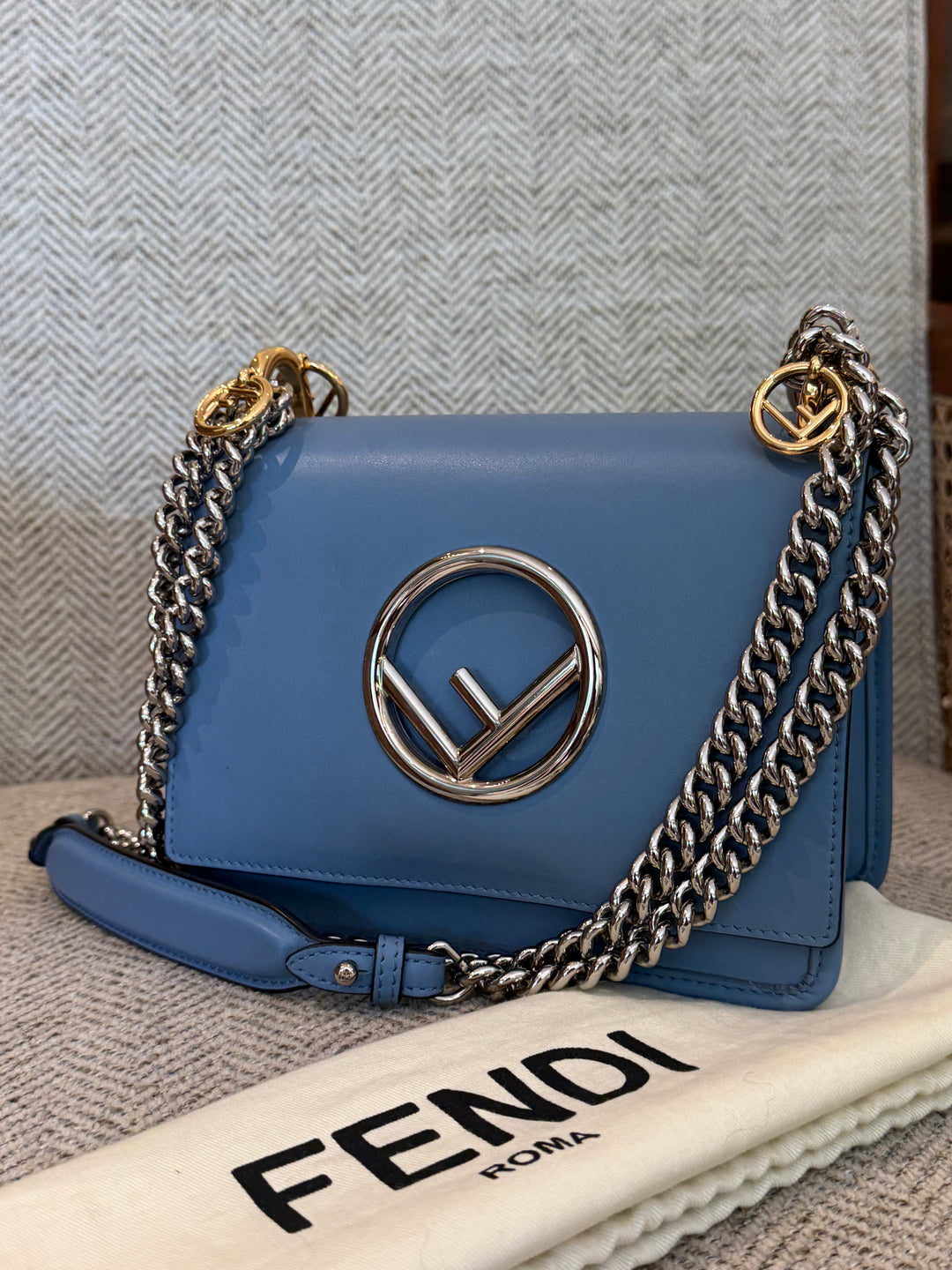 Fendi Ash Blue Leather Kan I F Logo Shoulder Bag