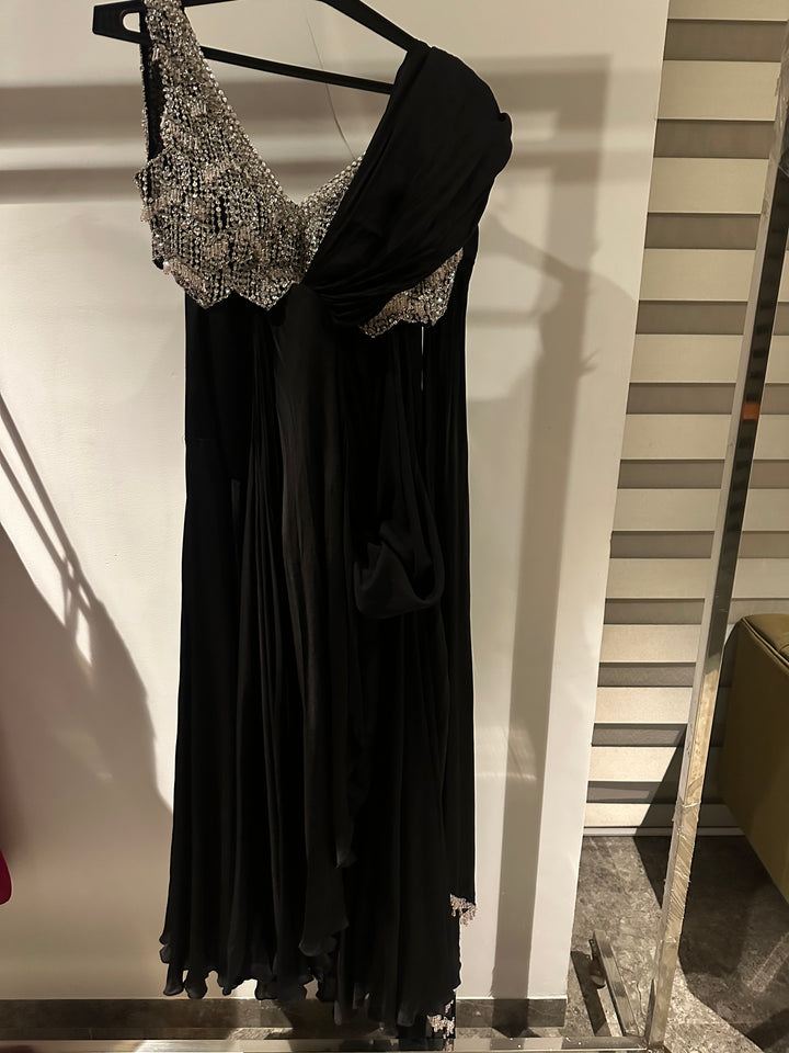 Anushka Bajaj Black Draped Satin Saree