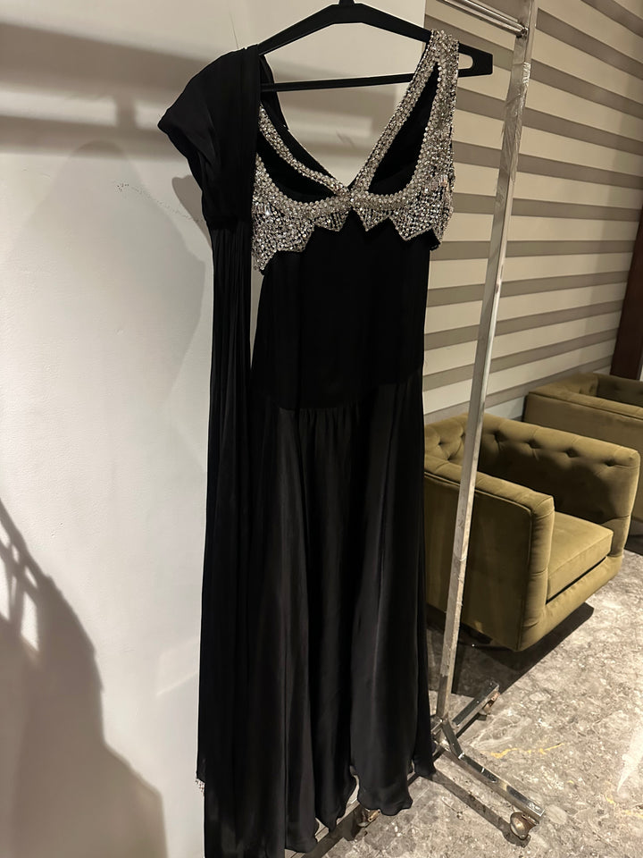 Anushka Bajaj Black Draped Satin Saree