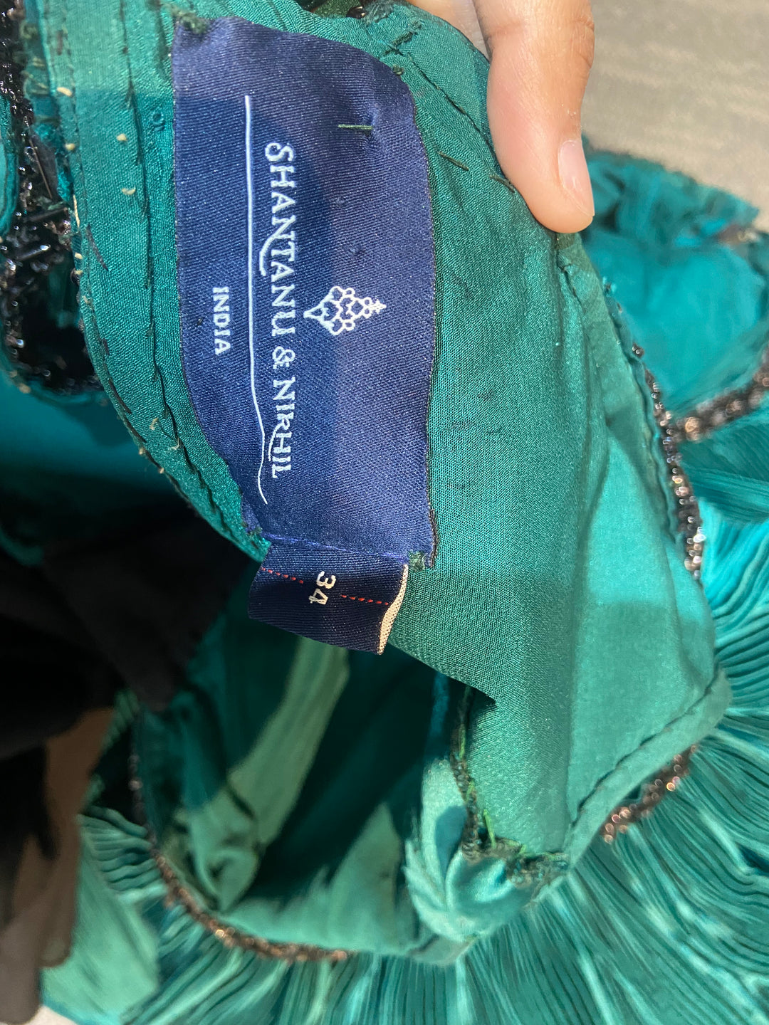 Shantanu & Nikhil Teal Ruffled Evening Gown