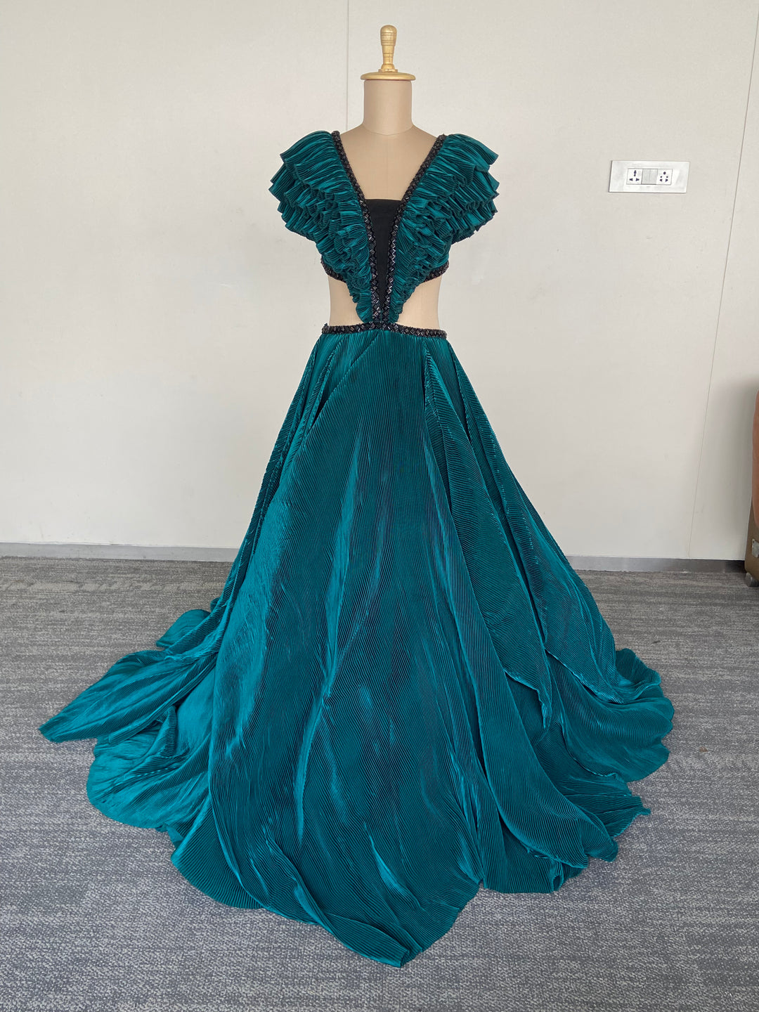 Shantanu & Nikhil Teal Ruffled Evening Gown