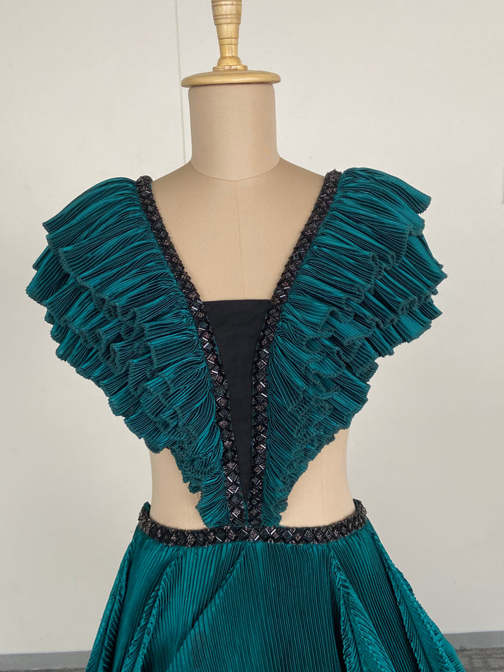 Shantanu & Nikhil Teal Ruffled Evening Gown