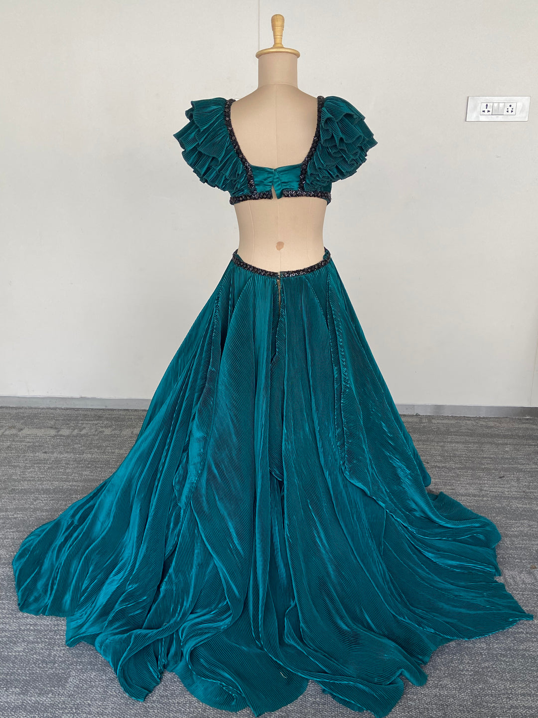 Shantanu & Nikhil Teal Ruffled Evening Gown