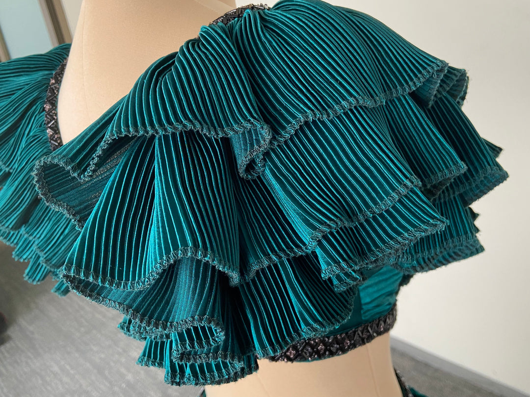 Shantanu & Nikhil Teal Ruffled Evening Gown