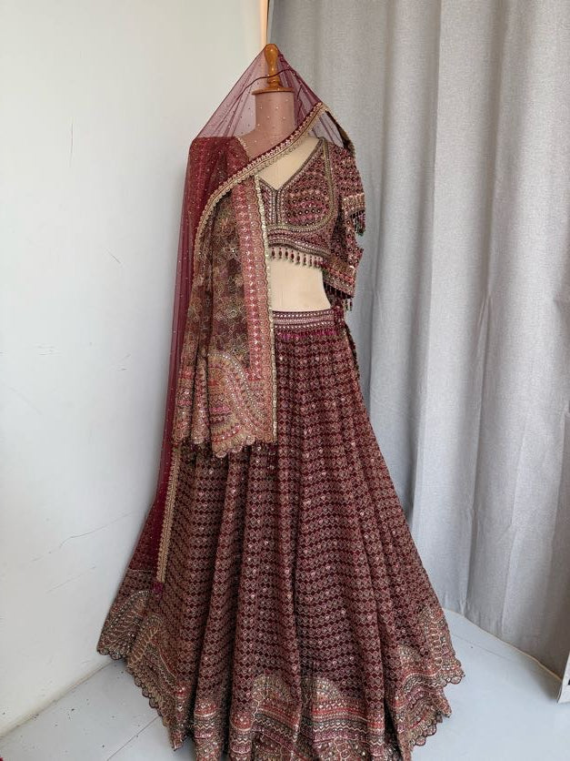 Tarun Tahiliani Maroon Embroidered Lehenga Set