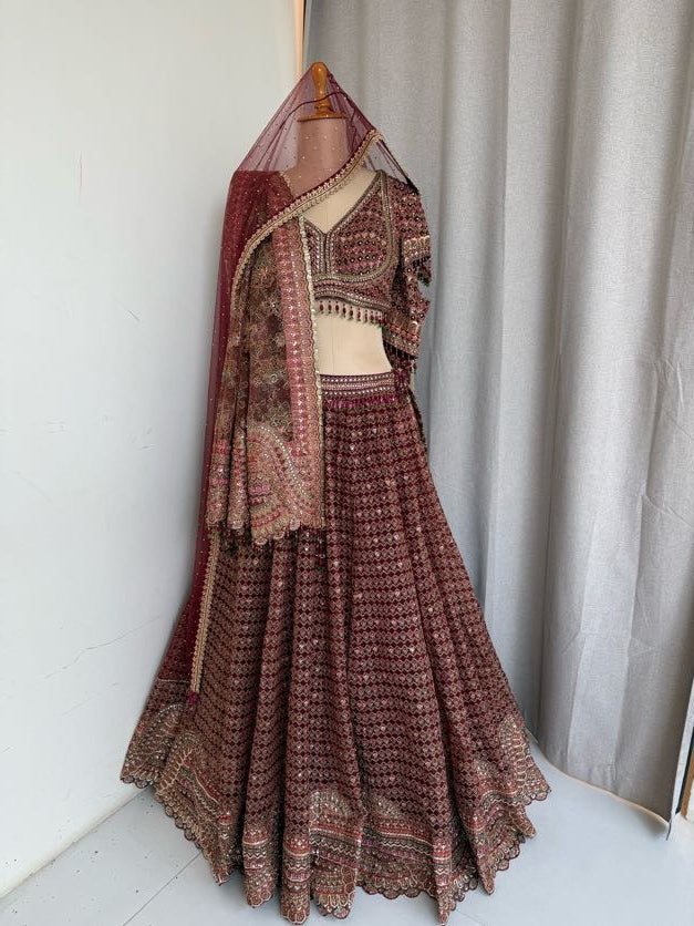 Tarun Tahiliani Maroon Embroidered Lehenga Set