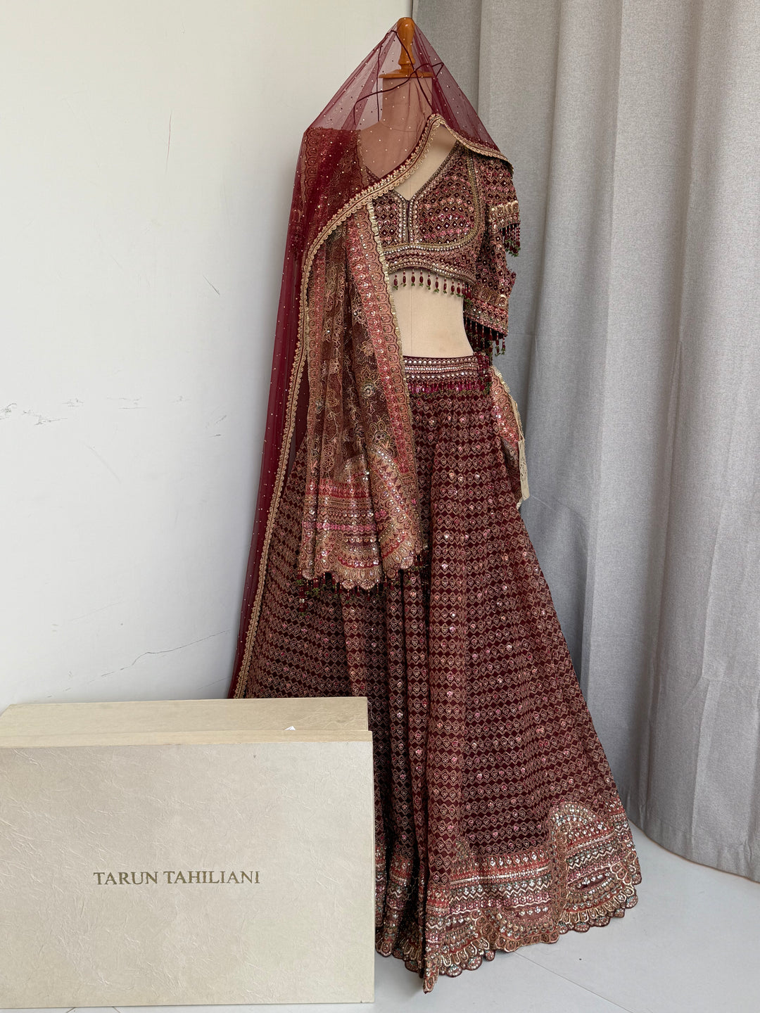 Tarun Tahiliani Maroon Embroidered Lehenga Set