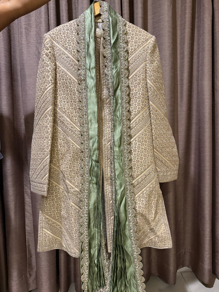 Jayanti Reddy Ivory Embroidered Sherwani Set with Dhoti & Stole