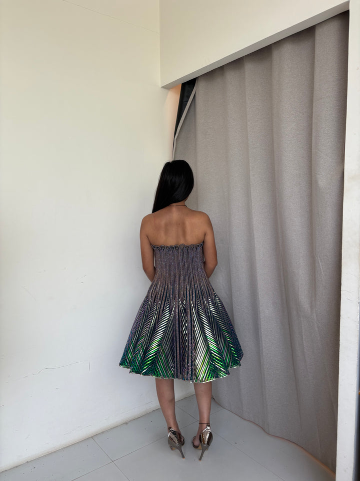 Amit Aggarwal Iridescent Green Sculpted Cocktail Dress
