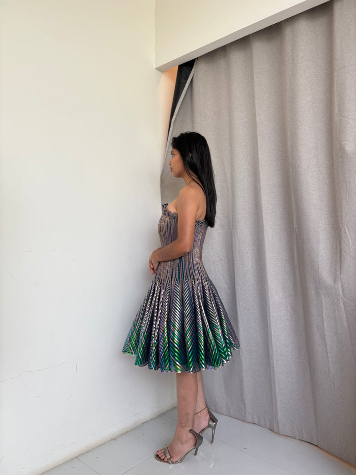 Amit Aggarwal Iridescent Green Sculpted Cocktail Dress