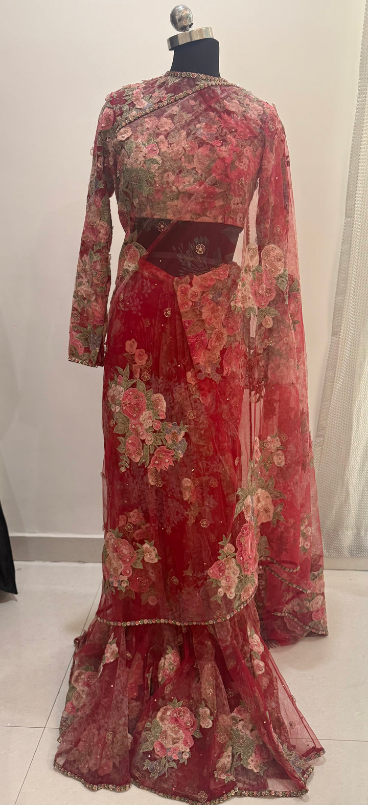 Sabyasachi Red Floral Embroidered Saree Set