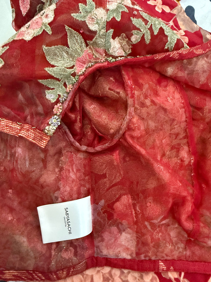 Sabyasachi Red Floral Embroidered Saree Set