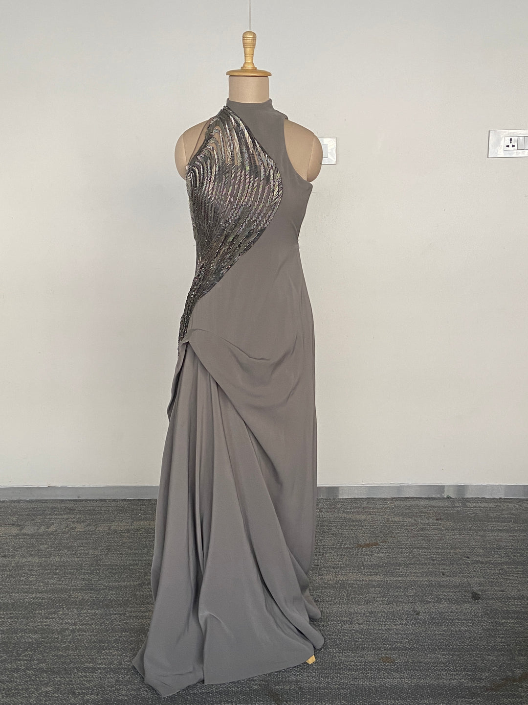 Gaurav Gupta Grey Drape Gown with Metallic Embellishment