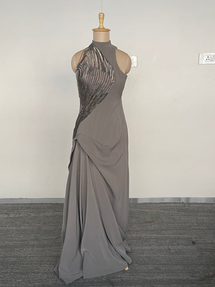 Gaurav Gupta Grey Drape Gown with Metallic Embellishment