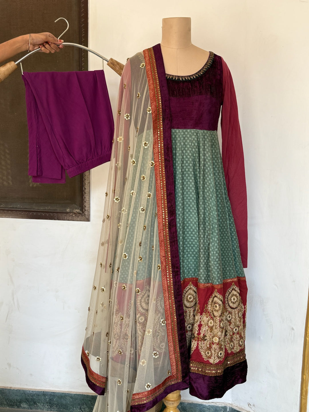 Sabyasachi Plum & Teal Embroidered Anarkali Set