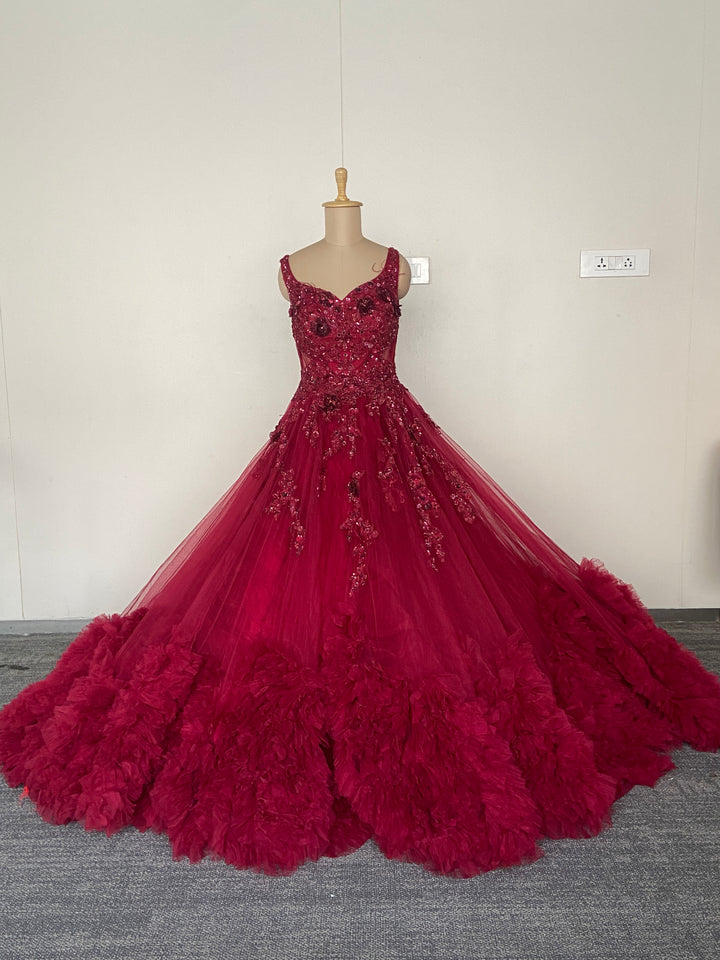 Dolly J Wine Red Embellished Tulle Ball Gown