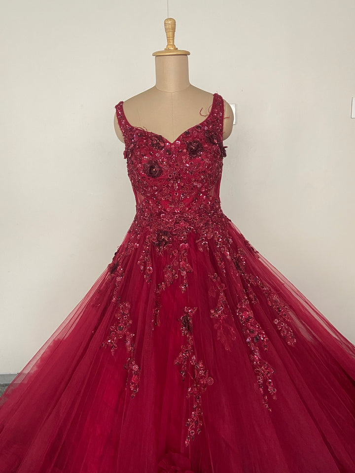 Dolly J Wine Red Embellished Tulle Ball Gown