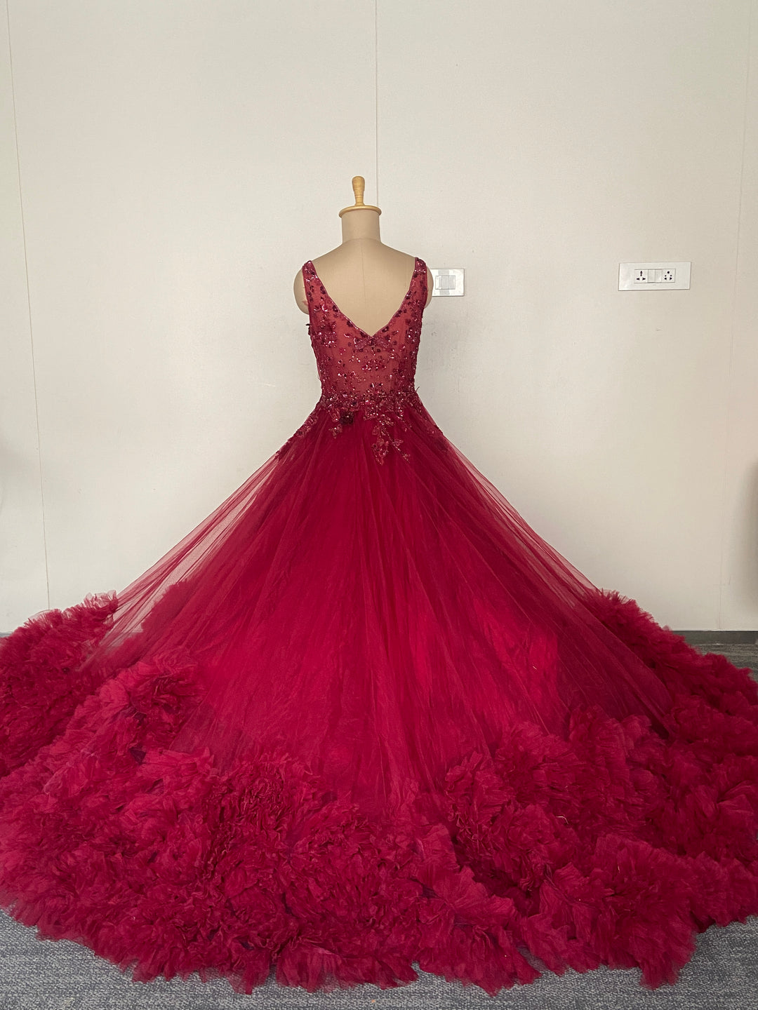 Dolly J Wine Red Embellished Tulle Ball Gown