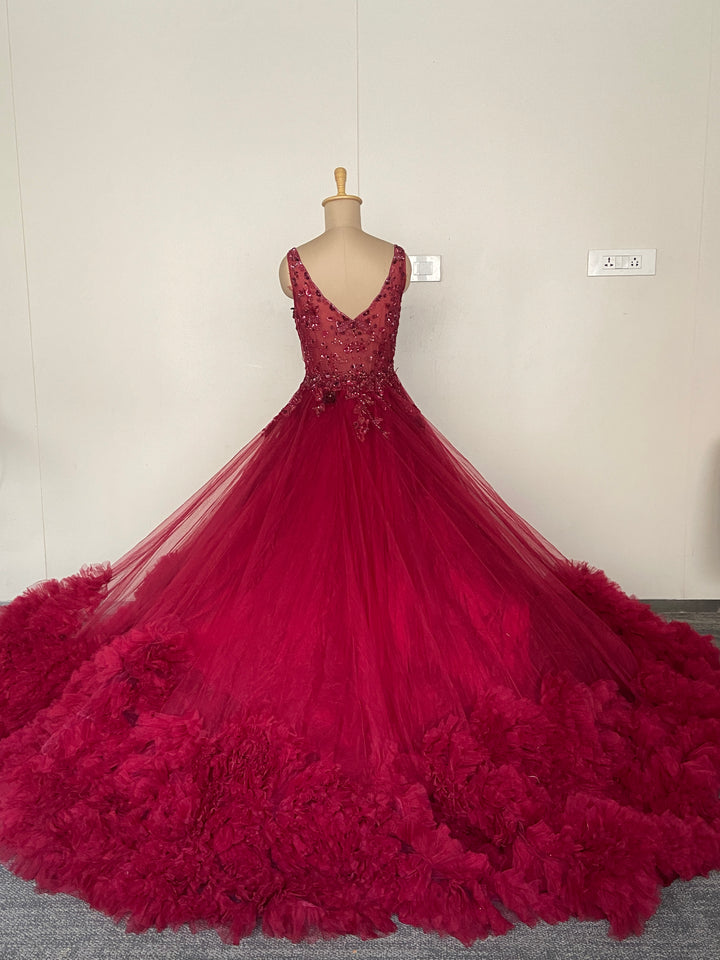 Dolly J Wine Red Embellished Tulle Ball Gown