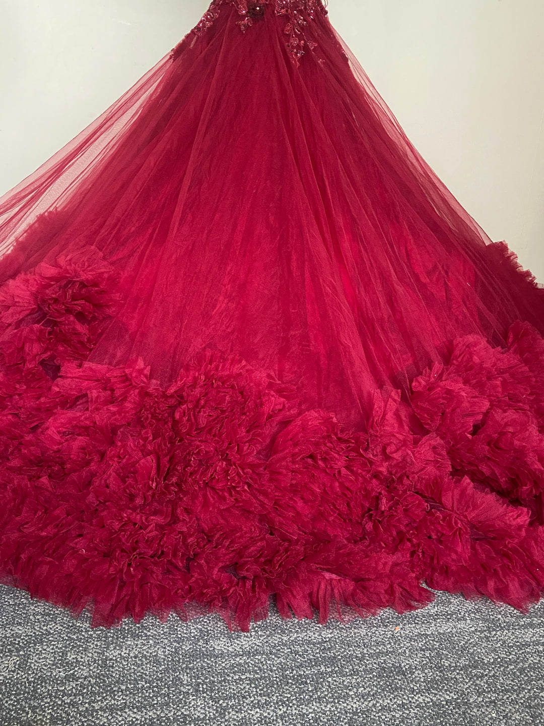 Dolly J Wine Red Embellished Tulle Ball Gown
