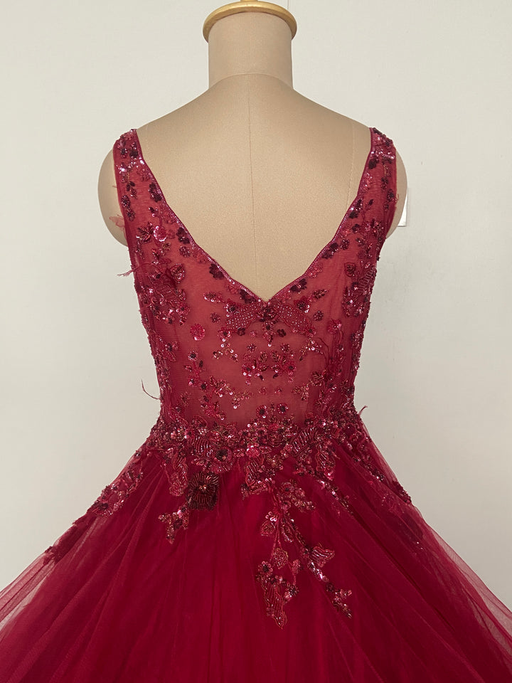 Dolly J Wine Red Embellished Tulle Ball Gown
