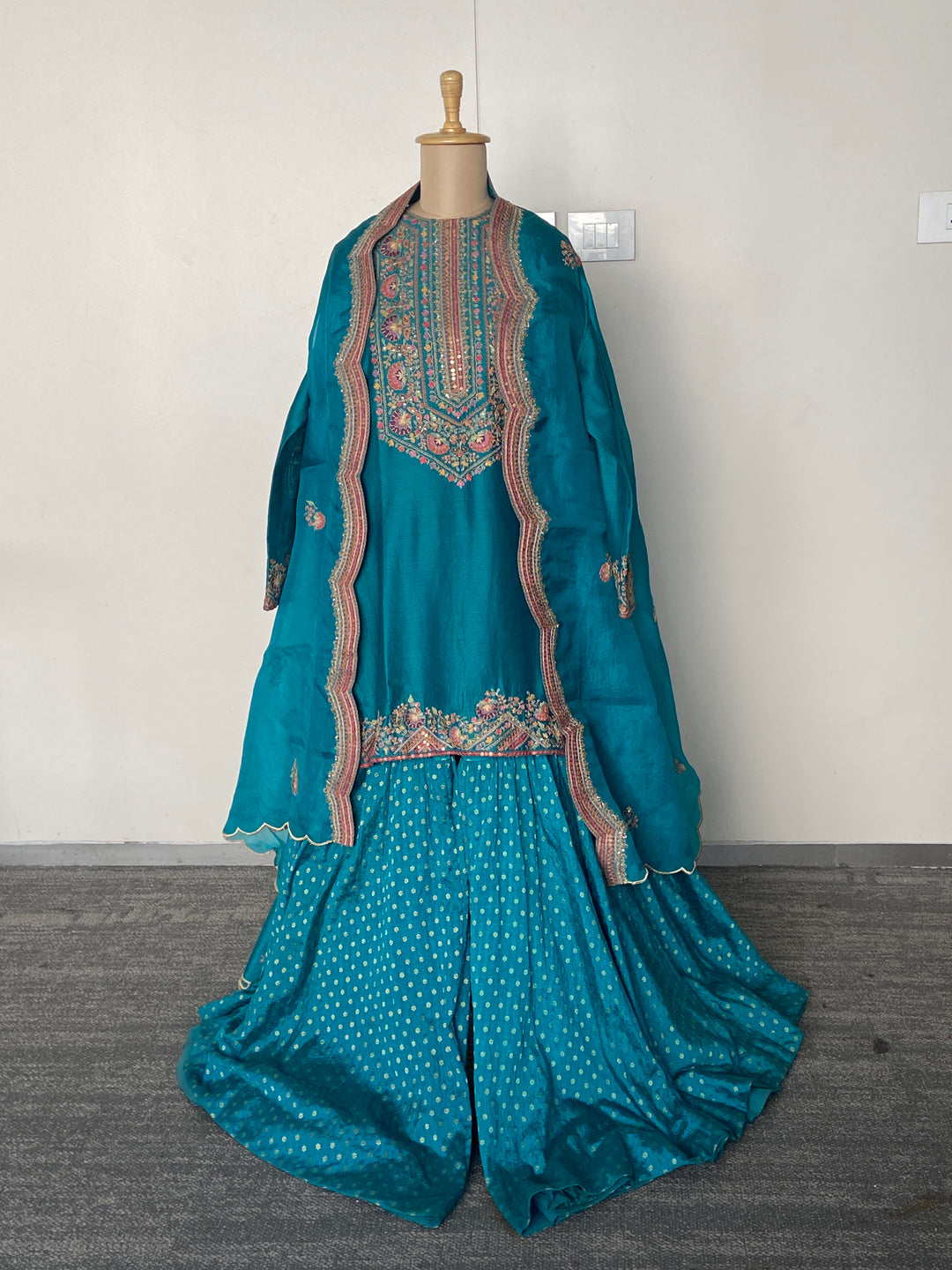 Petticoat Lane by Divya Teal Embroidered Sharara Set with Cape