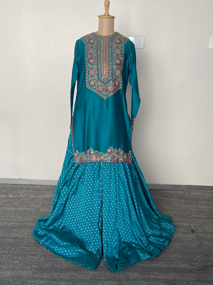 Petticoat Lane by Divya Teal Embroidered Sharara Set with Cape