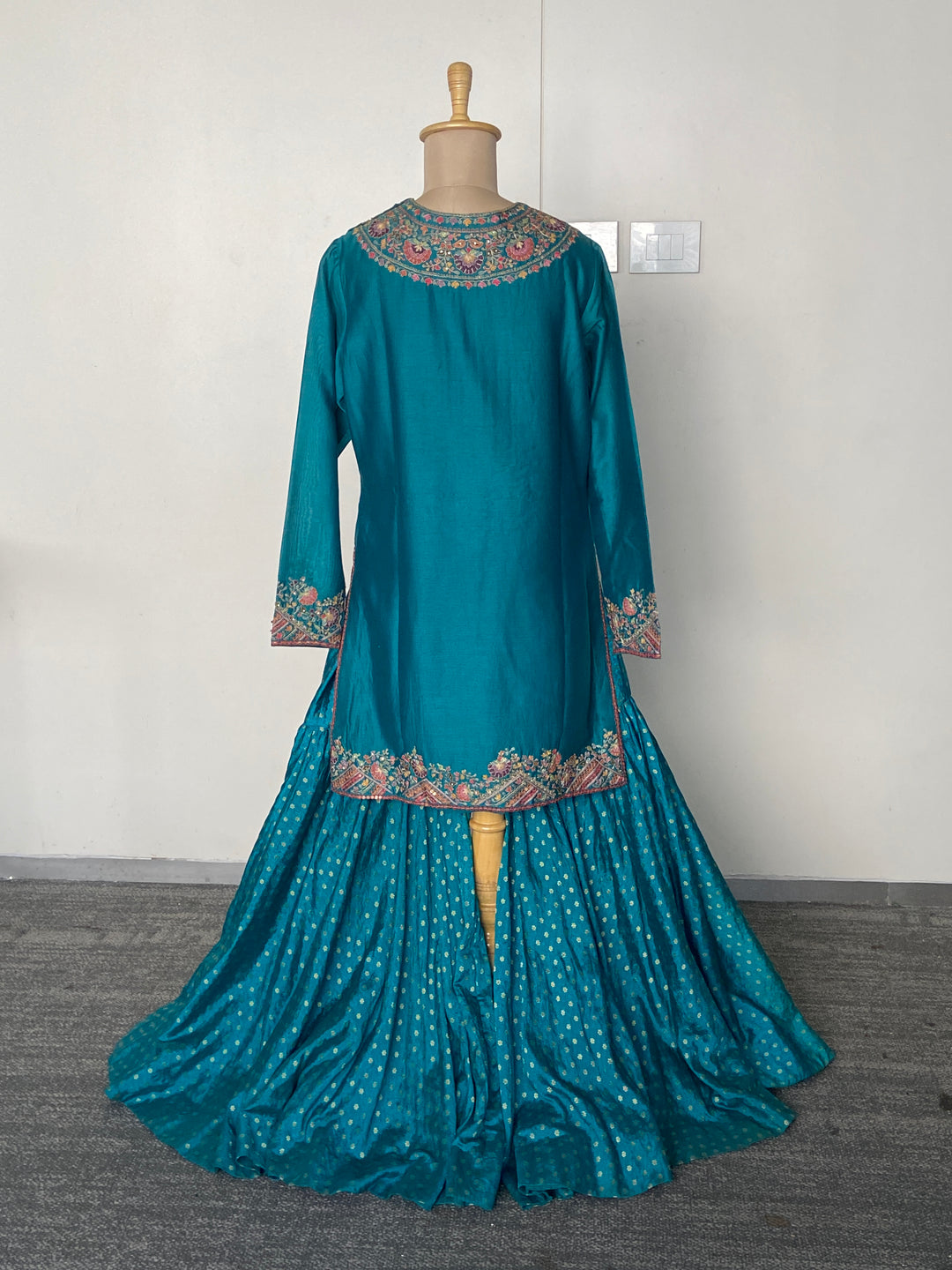 Petticoat Lane by Divya Teal Embroidered Sharara Set with Cape