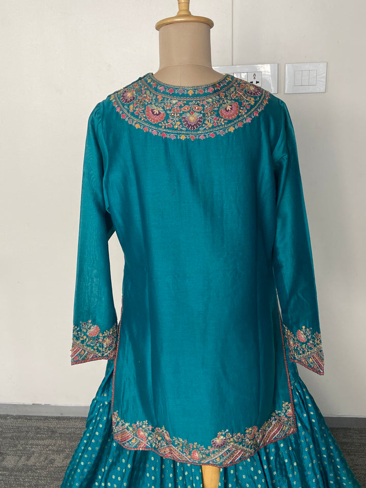 Petticoat Lane by Divya Teal Embroidered Sharara Set with Cape