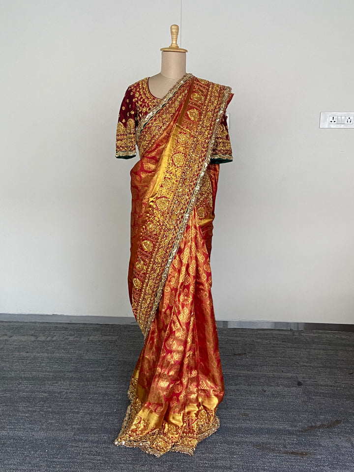 Manish Malhotra Handwoven Red & Gold Banarasi Saree Set