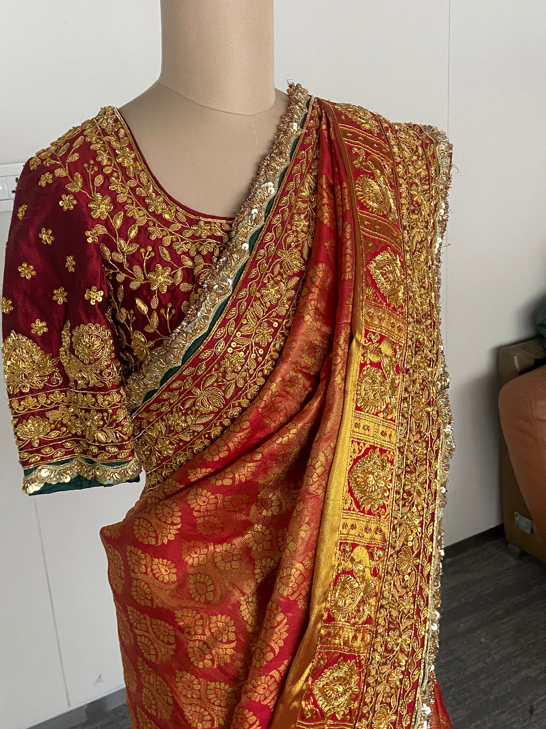 Manish Malhotra Handwoven Red & Gold Banarasi Saree Set