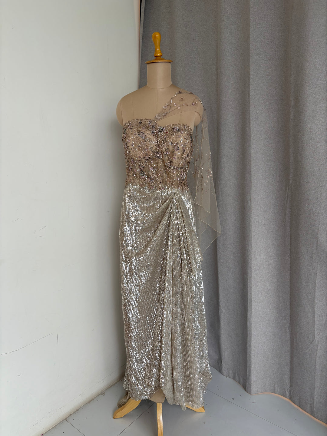 Dolly J Champagne Embellished Drape Gown