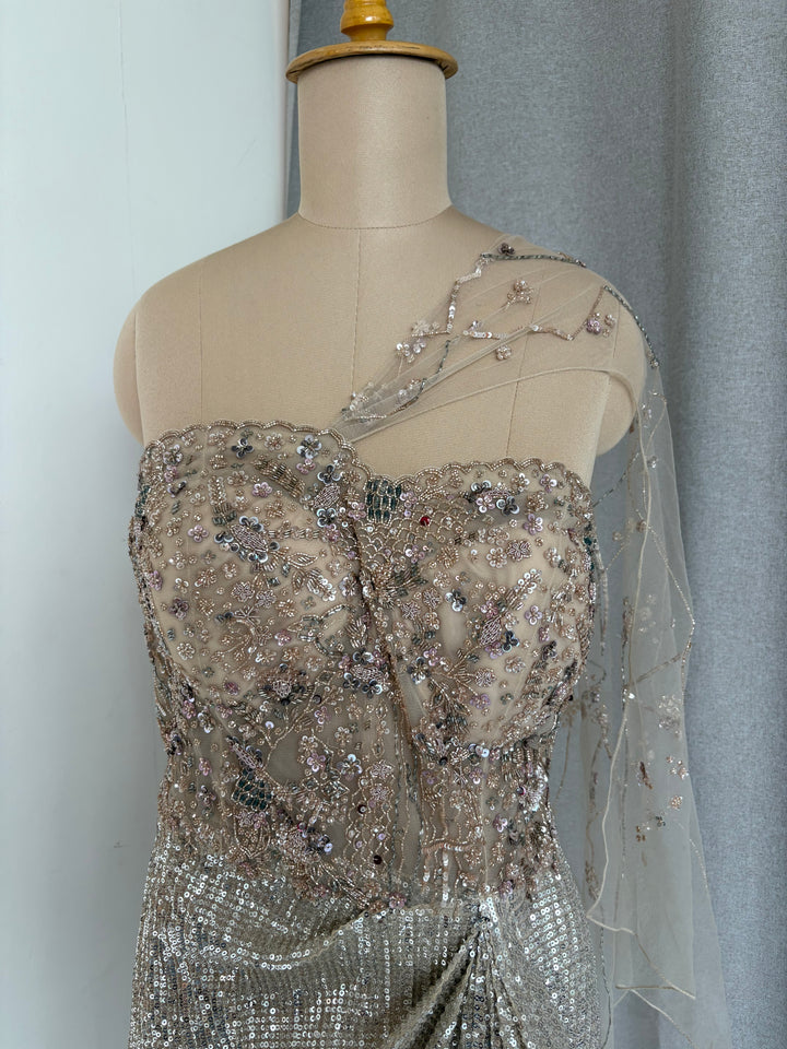 Dolly J Champagne Embellished Drape Gown