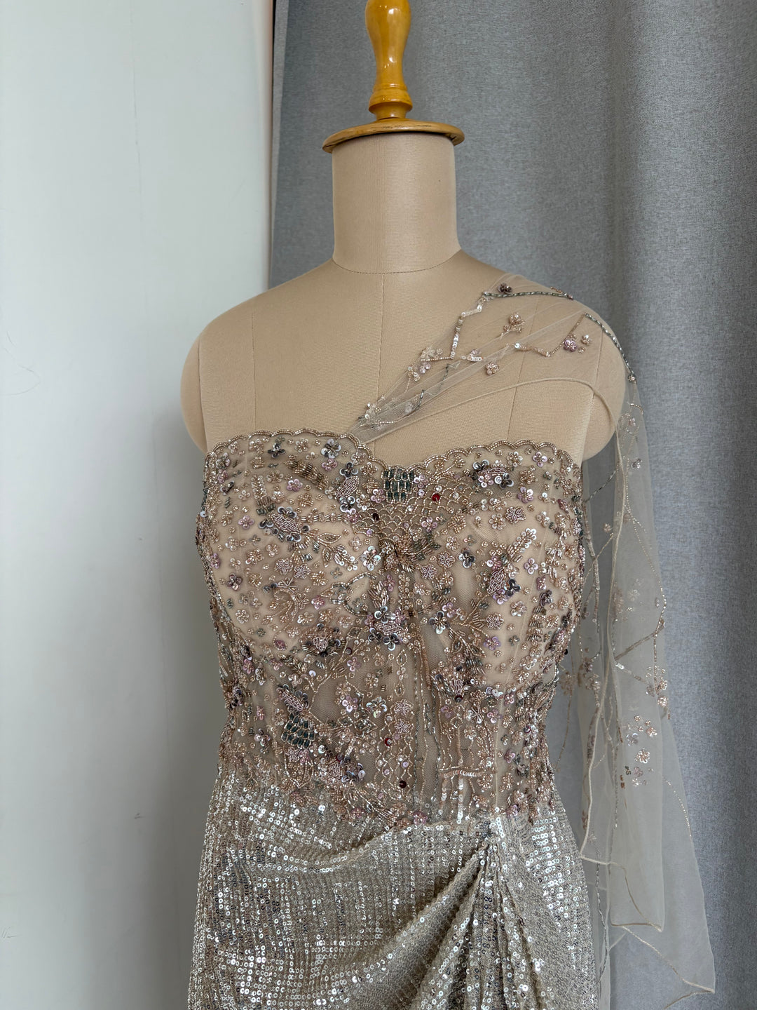Dolly J Champagne Embellished Drape Gown