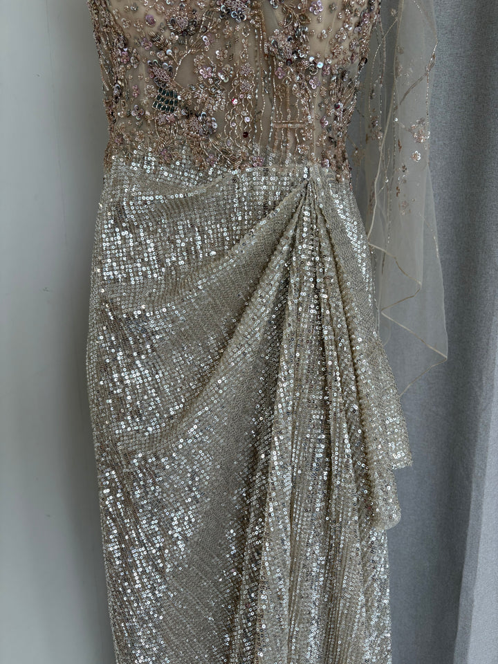 Dolly J Champagne Embellished Drape Gown