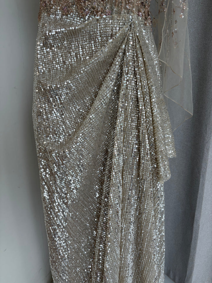 Dolly J Champagne Embellished Drape Gown