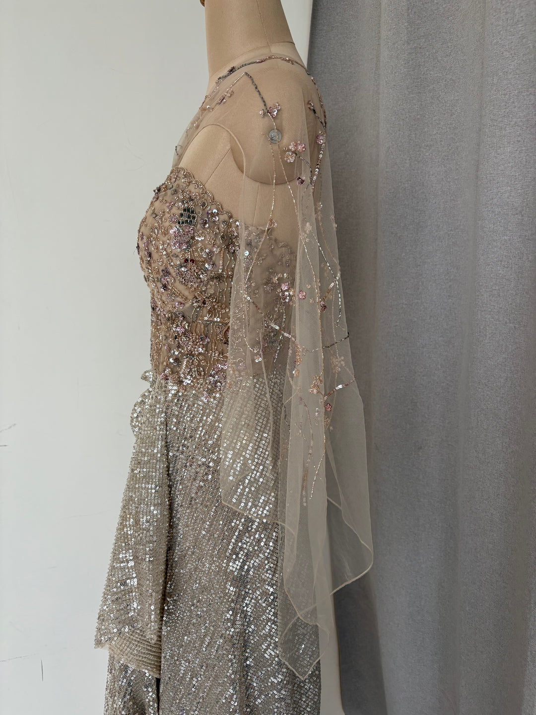 Dolly J Champagne Embellished Drape Gown
