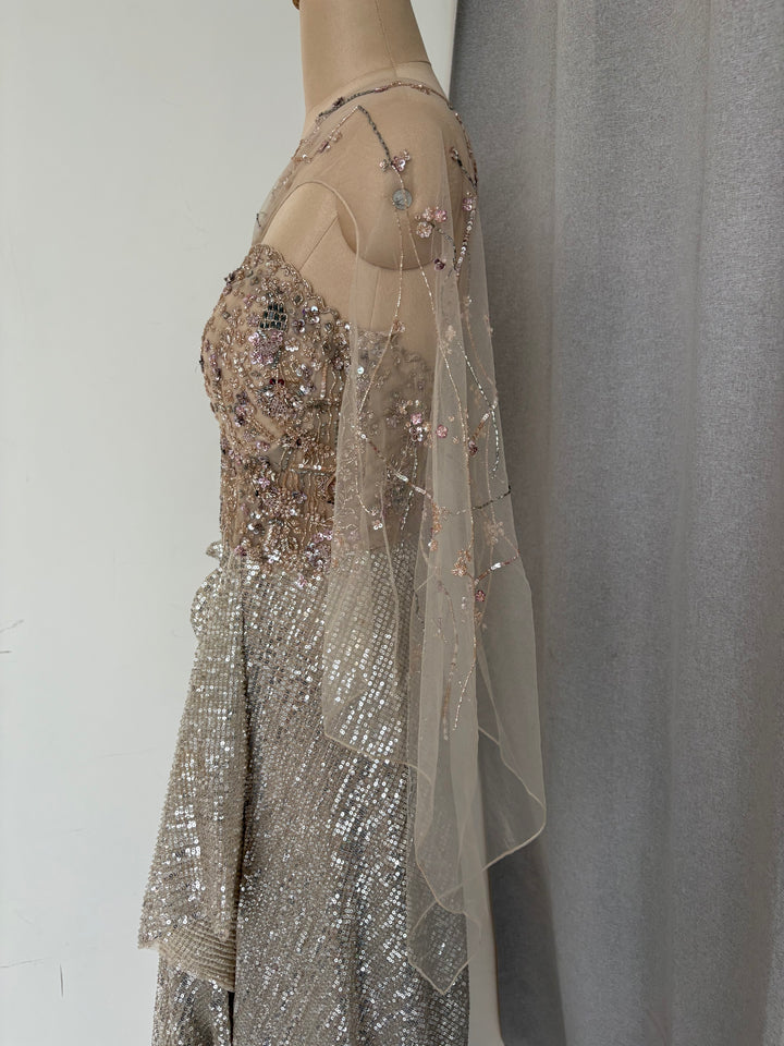 Dolly J Champagne Embellished Drape Gown