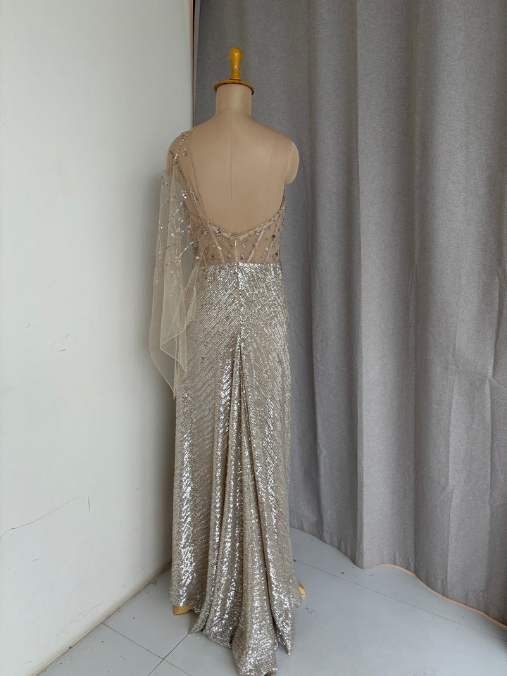 Dolly J Champagne Embellished Drape Gown