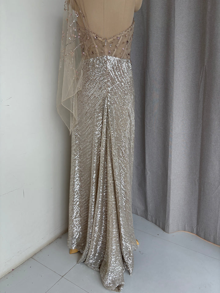 Dolly J Champagne Embellished Drape Gown