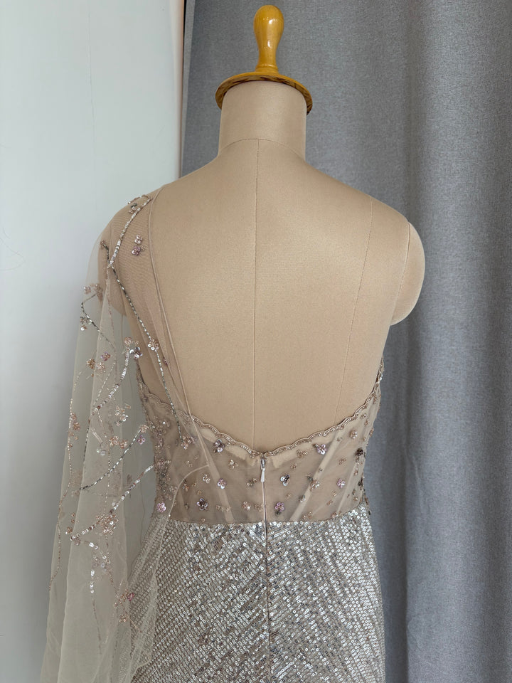 Dolly J Champagne Embellished Drape Gown