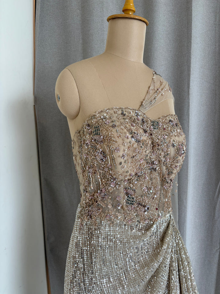 Dolly J Champagne Embellished Drape Gown