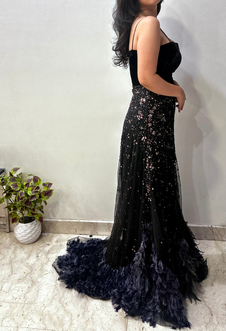 Dolly J Black Embellished Feather Gown